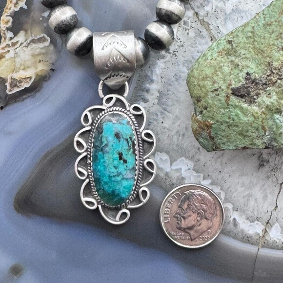 Sterling Silver Southwestern Style Oval Turquoise Decorated Pendant For Women - Picture 8 of 10